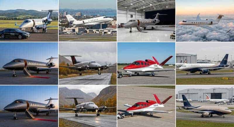 Collage of private jets on runways and hangars