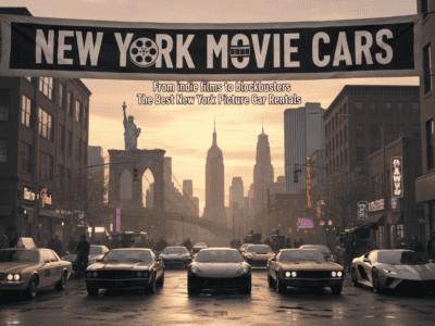 New York Movie Cars banner over city street