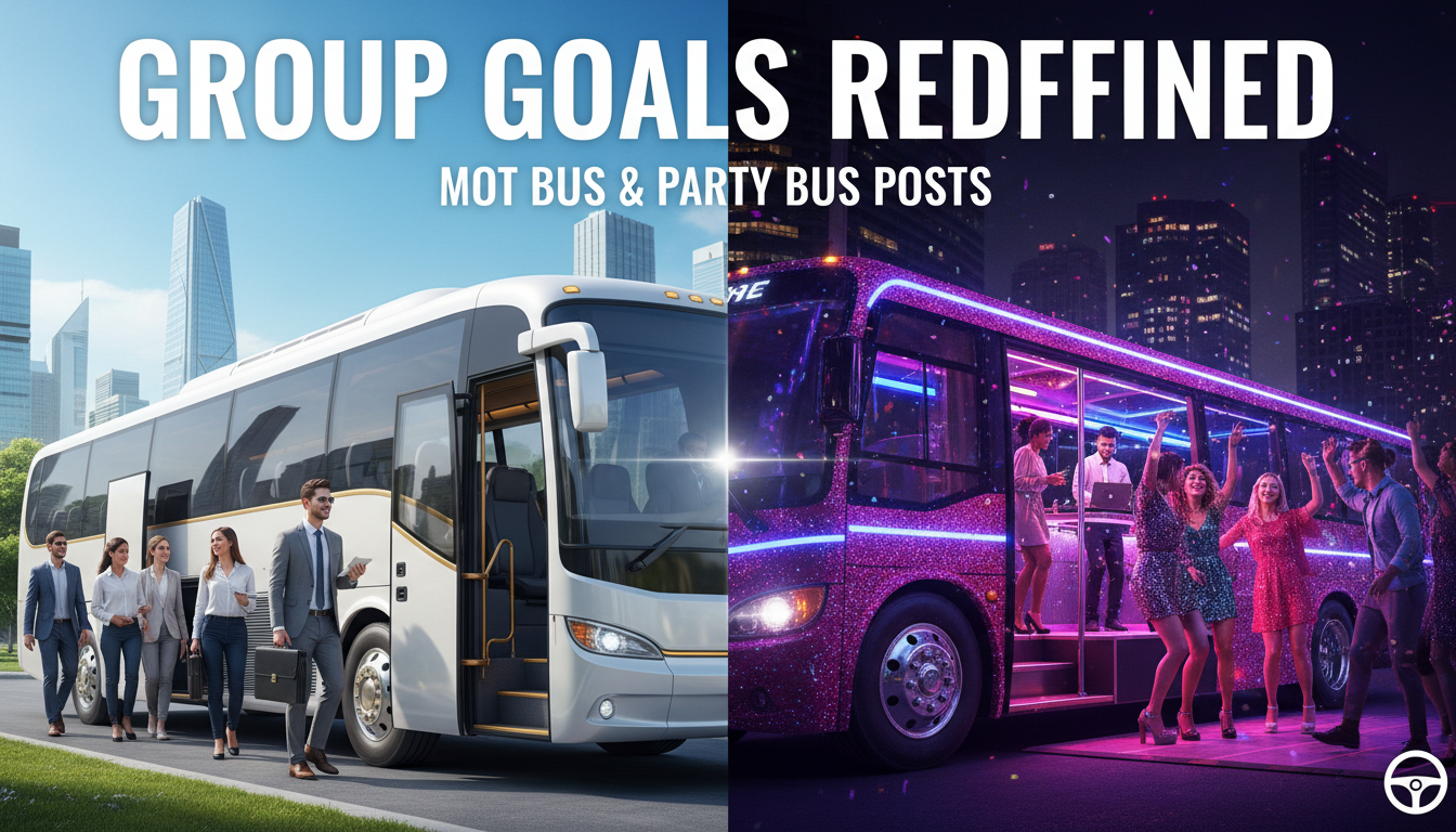 Corporate charter bus and neon-lit party bus scene