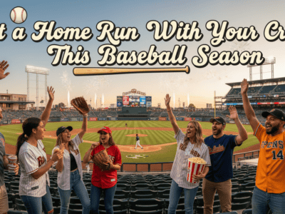 Friends cheering at baseball stadium during game