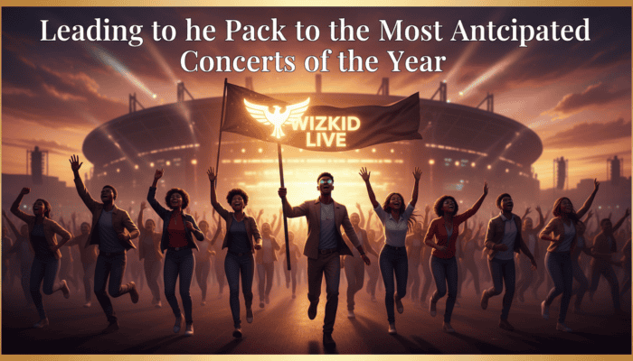 Fans running toward stadium holding Wizkid Live flag