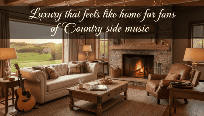 Cozy rustic living room with fireplace and guitar