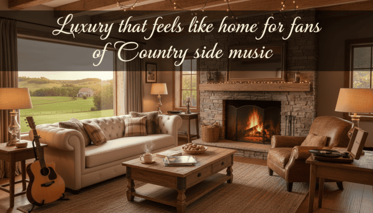 Cozy rustic living room with fireplace and guitar