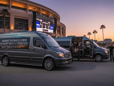 Luxury shuttle vans with band outside stadium