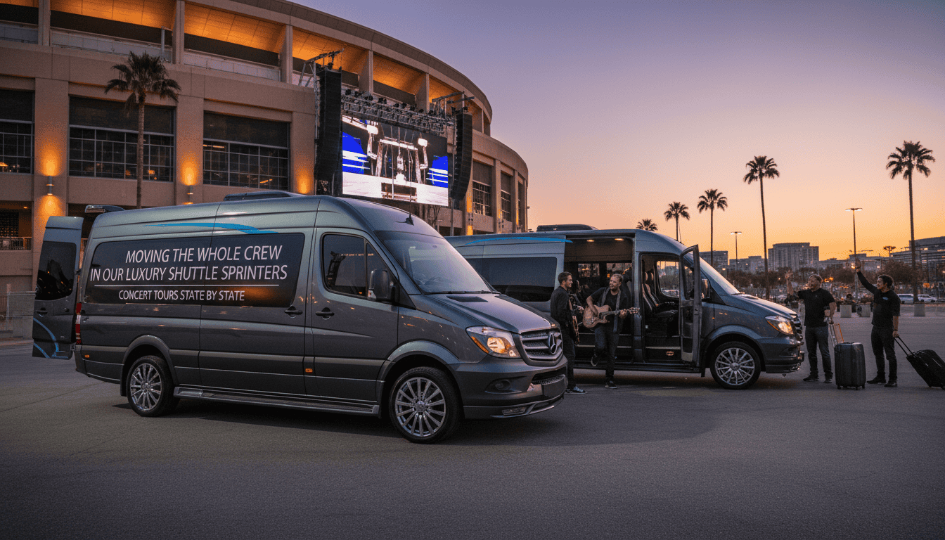Luxury shuttle vans with band outside stadium
