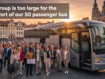Large group boarding 50-passenger tour bus at sunset