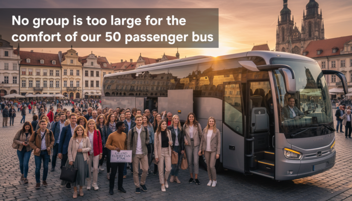 Large group boarding 50-passenger tour bus at sunset