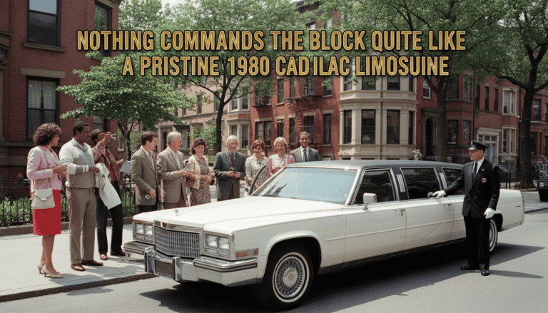 Group admiring white 1980 Cadillac limousine on city street