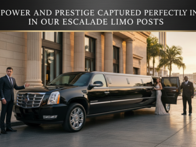 Black Cadillac Escalade limousine with chauffeurs outside luxury building