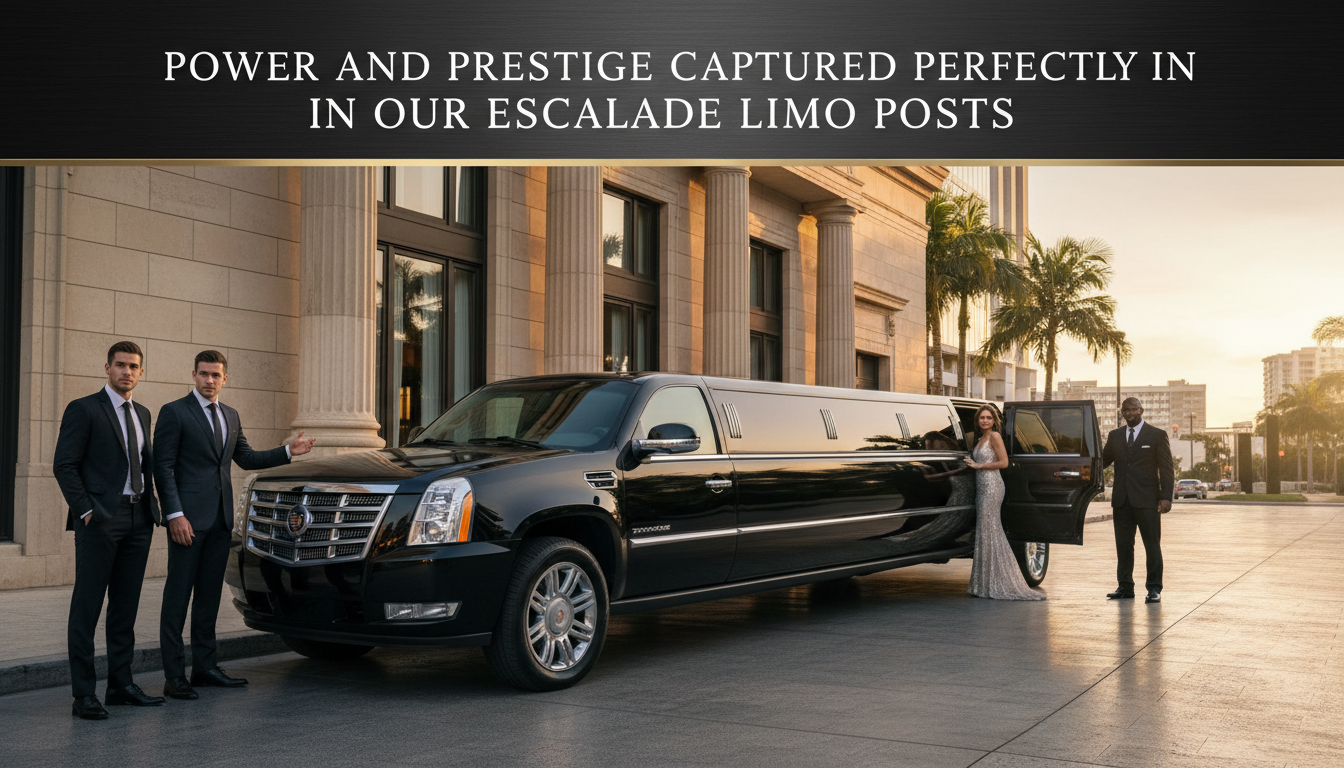 Black Cadillac Escalade limousine with chauffeurs outside luxury building