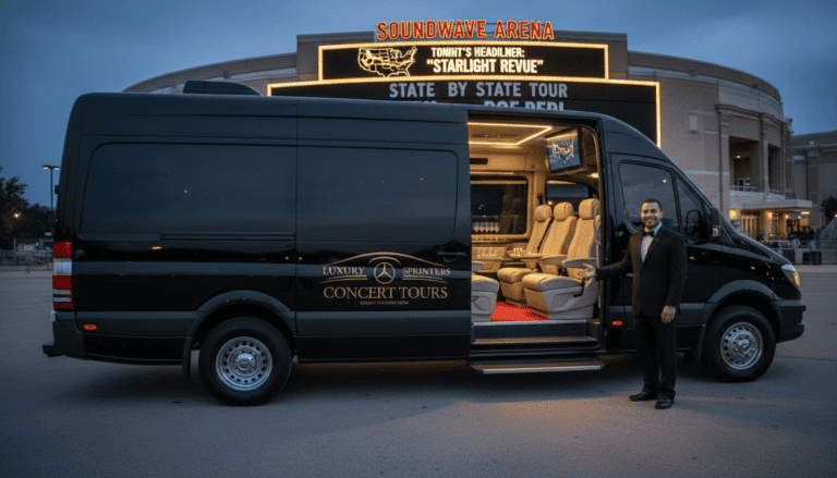 Luxury concert tour van outside arena at night
