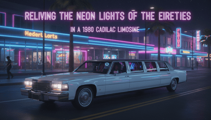 1980 Cadillac limousine driving past neon-lit 80s street