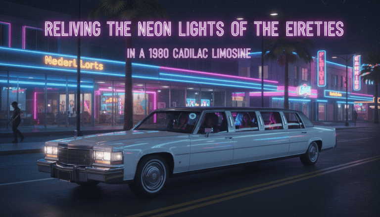 1980 Cadillac limousine driving past neon-lit 80s street