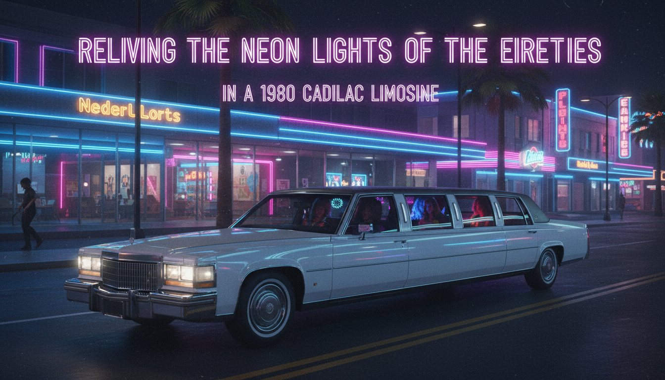 1980 Cadillac limousine driving past neon-lit 80s street