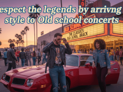 Couple arriving in vintage car at old school concert