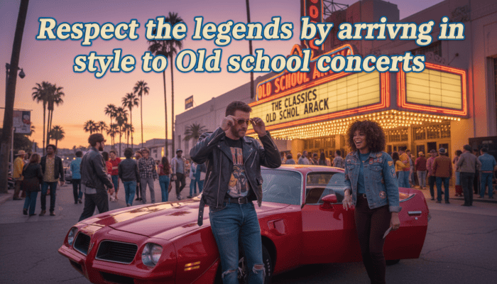 Couple arriving in vintage car at old school concert