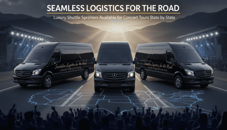 Three luxury shuttle vans at concert venue backdrop