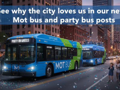 Blue party buses driving through city with cheering crowd