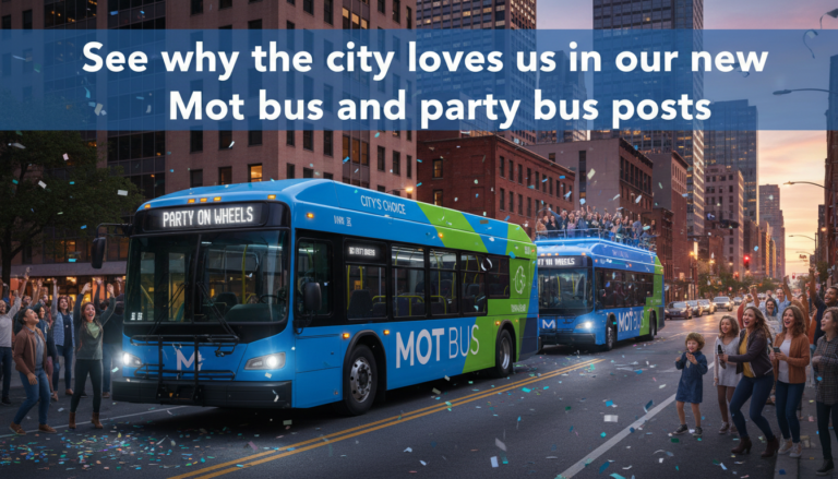 Blue party buses driving through city with cheering crowd