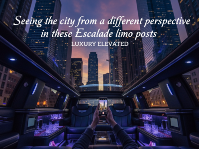 Luxury limousine interior with city skyline at dusk