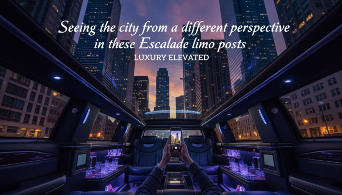 Luxury limousine interior with city skyline at dusk