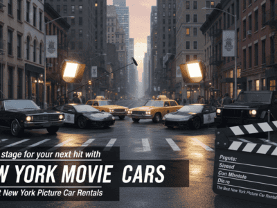 Film set with classic cars on New York street