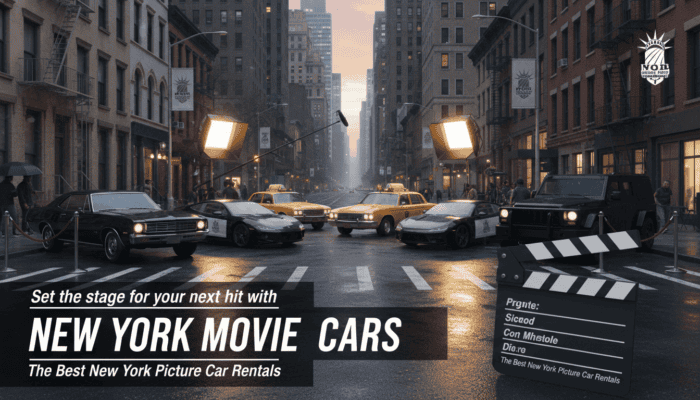 Film set with classic cars on New York street