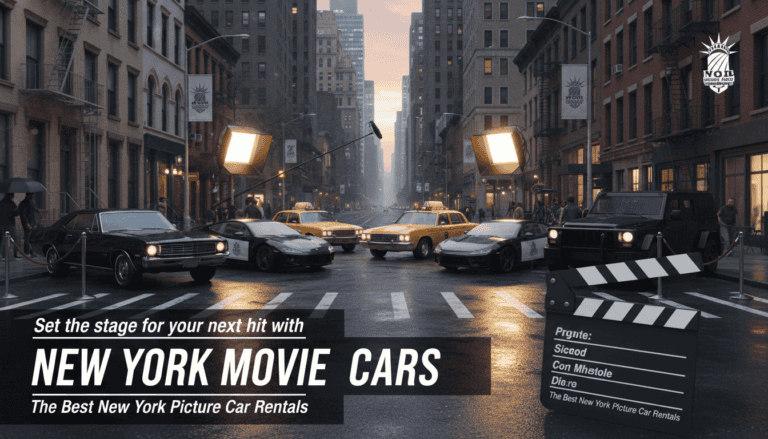 Film set with classic cars on New York street