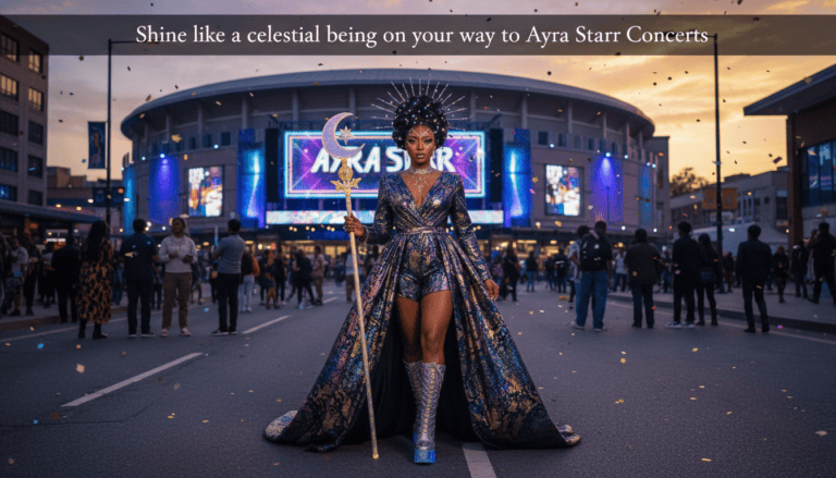 Woman in celestial gown holding crescent staff outside arena