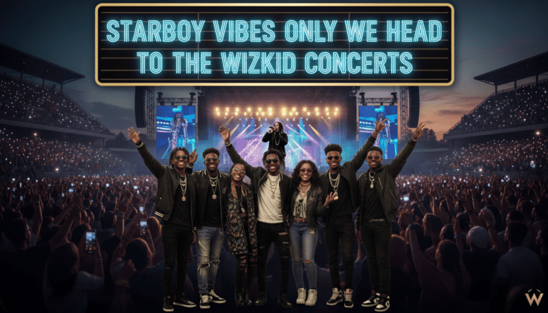 Friends posing at packed stadium concert with neon sign
