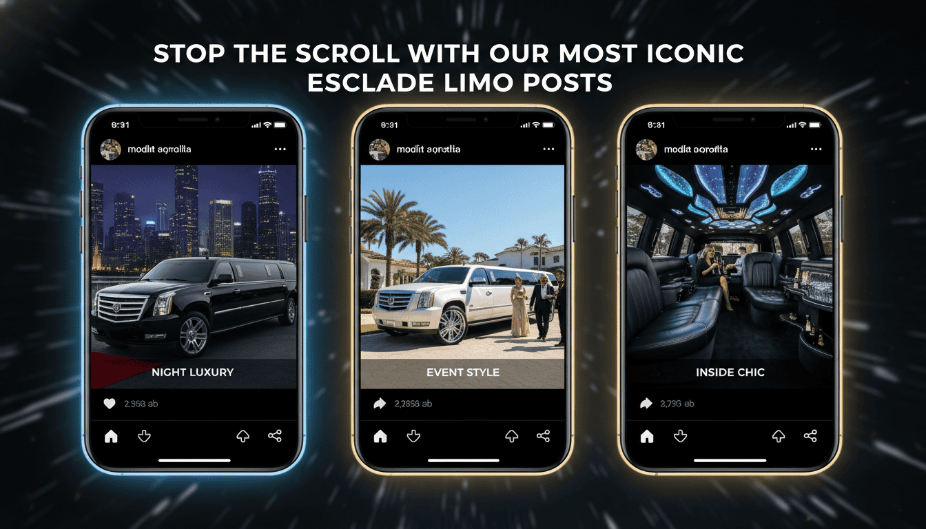 Three smartphones displaying luxury Escalade limo social posts