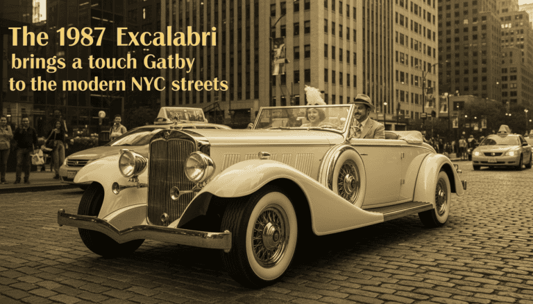 Vintage convertible car driving through modern NYC street