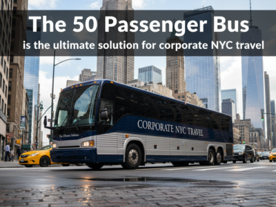Corporate passenger bus driving through downtown Manhattan