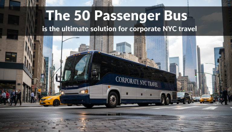 Corporate passenger bus driving through downtown Manhattan