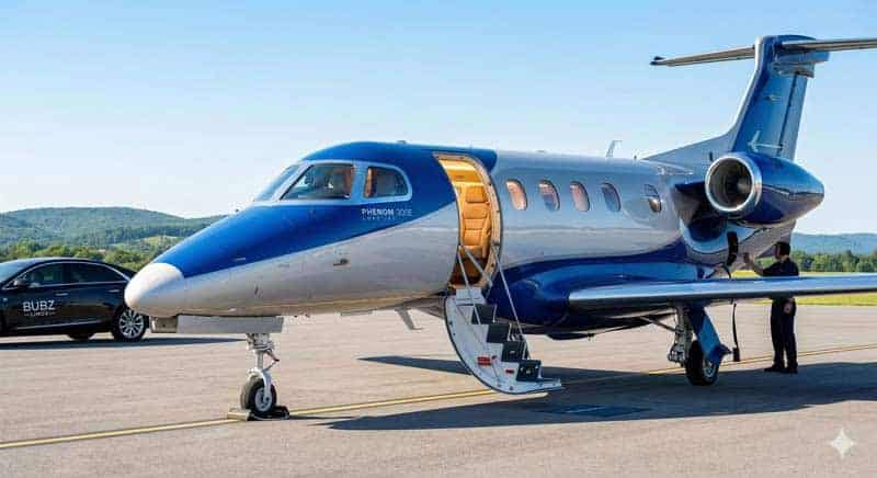 Blue and white private jet on runway