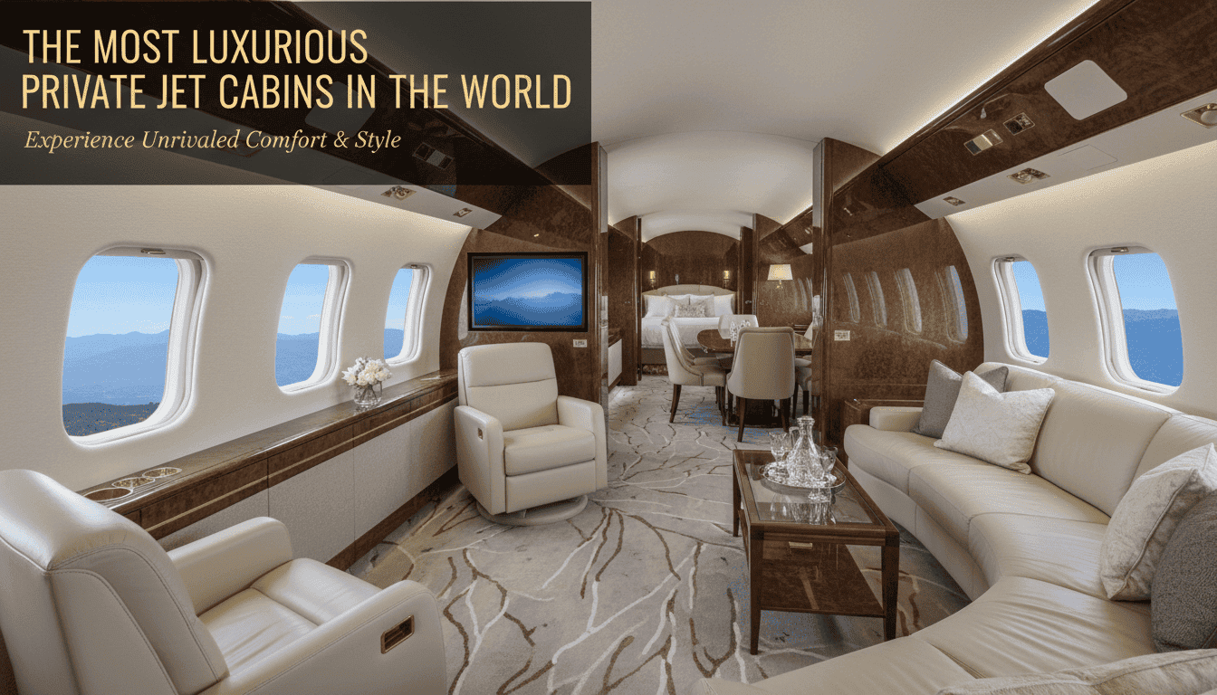 Luxurious private jet cabin with lounge and bedroom