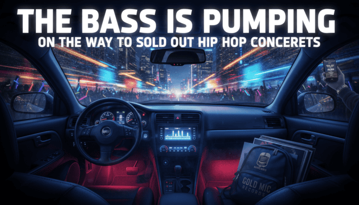 Car interior driving toward sold-out hip hop concert