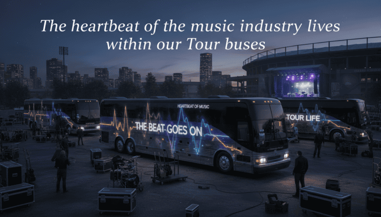 Illuminated tour buses outside stadium at night