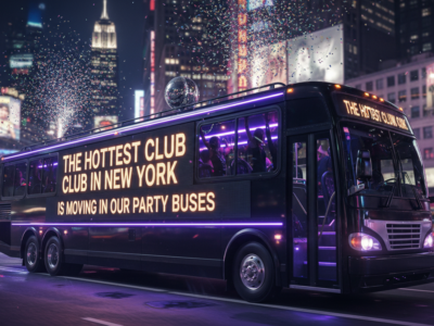 Neon-lit party bus in Times Square at night