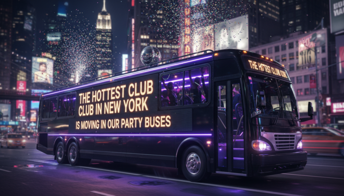 Neon-lit party bus in Times Square at night