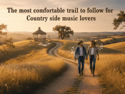 Couple walking country trail at sunset with guitars