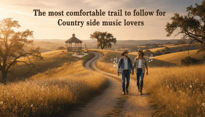 Couple walking country trail at sunset with guitars