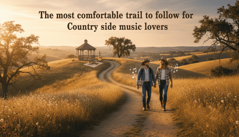 Couple walking country trail at sunset with guitars