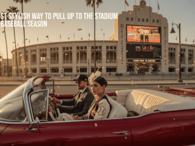 Stylish couple in red convertible outside baseball stadium