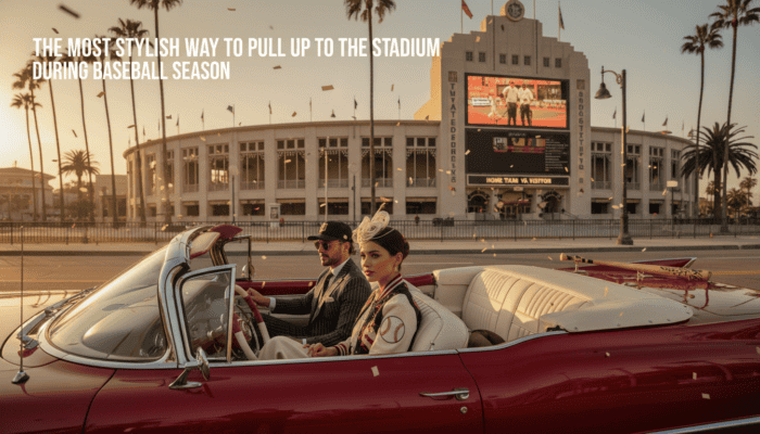 Stylish couple in red convertible outside baseball stadium