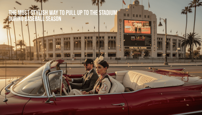 Stylish couple in red convertible outside baseball stadium