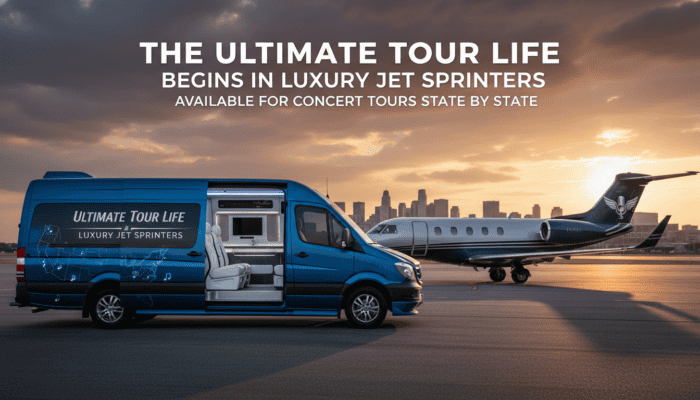 Luxury tour van and private jet at sunset