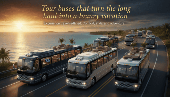 Luxury tour buses driving along coastal highway at sunset