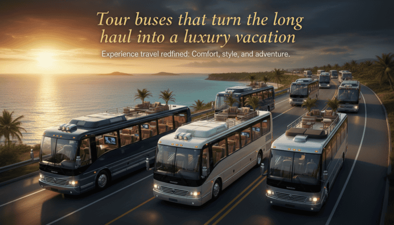 Luxury tour buses driving along coastal highway at sunset
