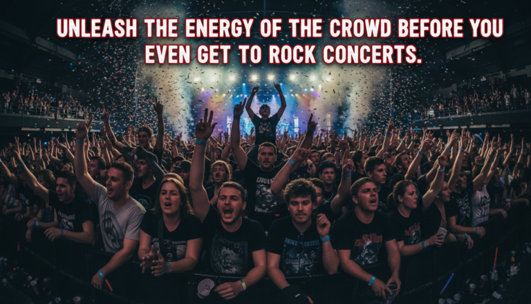 Crowd cheering at indoor rock concert with confetti
